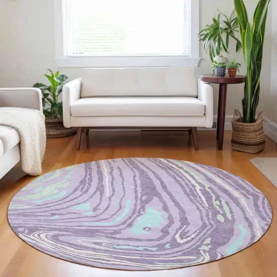 8' Lavender Sky Blue And Ivory Round Abstract Washable Indoor Outdoor Area Rug Photo 9
