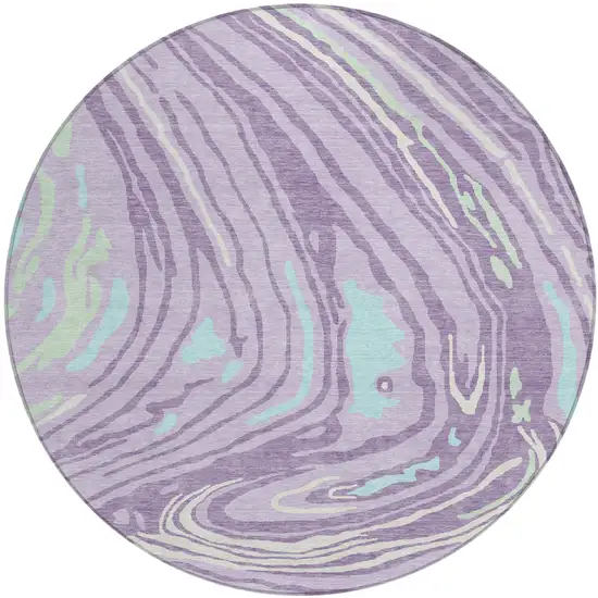 8' Lavender Sky Blue And Ivory Round Abstract Washable Indoor Outdoor Area Rug Photo 2