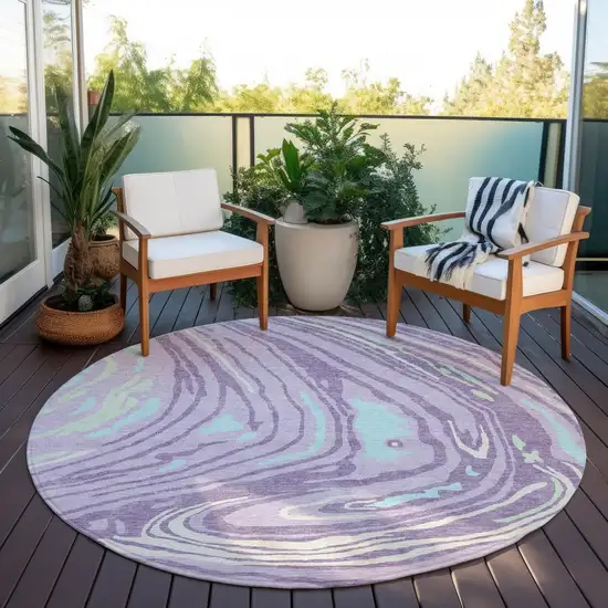 8' Lavender Sky Blue And Ivory Round Abstract Washable Indoor Outdoor Area Rug Photo 8