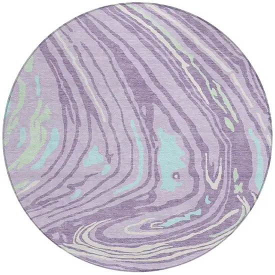 8' Lavender Sky Blue And Ivory Round Abstract Washable Indoor Outdoor Area Rug Photo 7