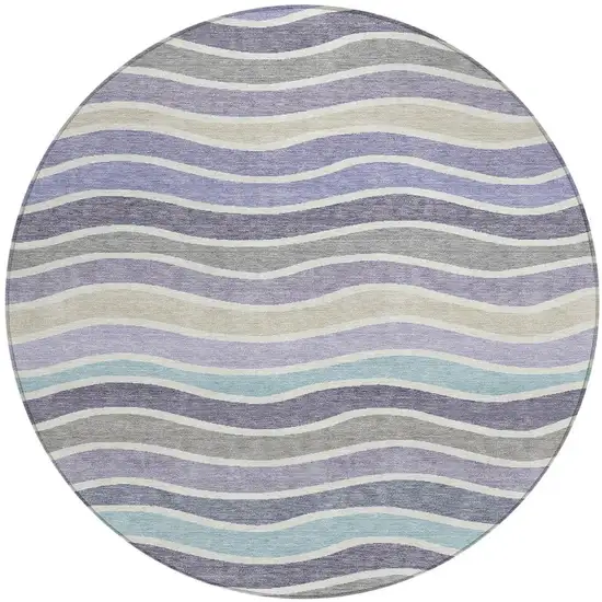 8' Lavender Tan And Ivory Round Striped Washable Indoor Outdoor Area Rug Photo 4