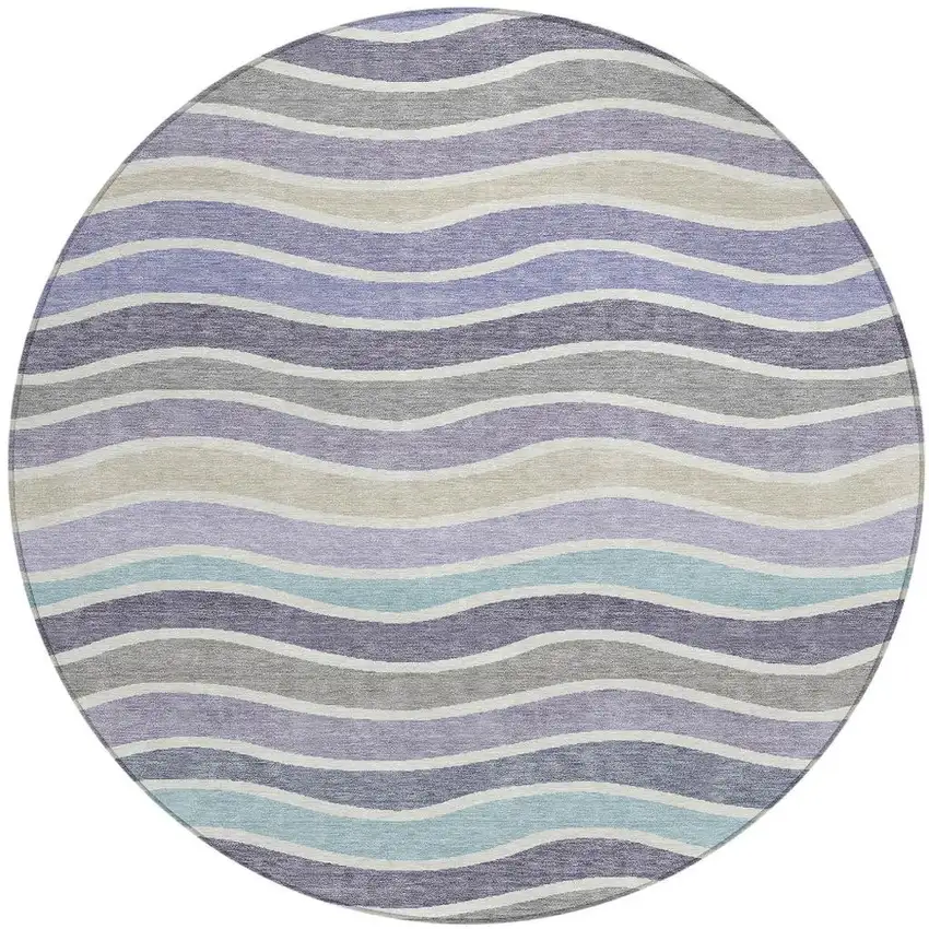 8' Lavender Tan And Ivory Round Striped Washable Indoor Outdoor Area Rug Photo 4