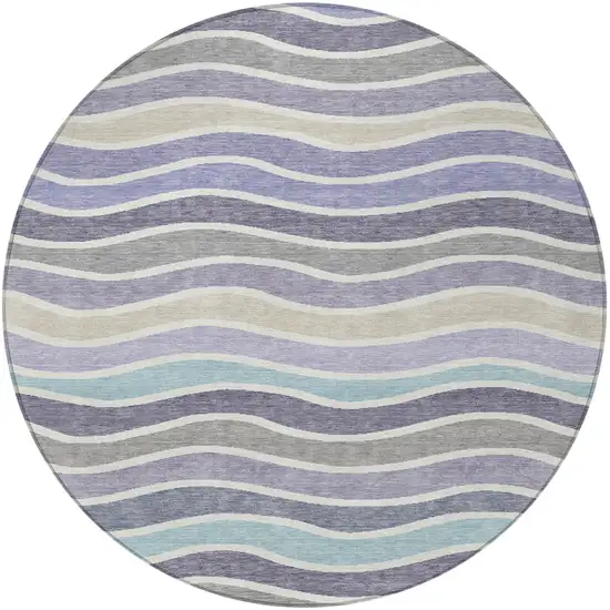 8' Lavender Tan And Ivory Round Striped Washable Indoor Outdoor Area Rug Photo 5