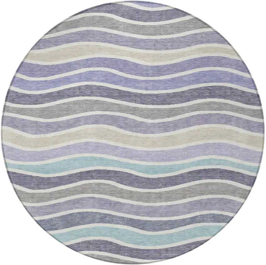 8' Lavender Tan And Ivory Round Striped Washable Indoor Outdoor Area Rug Photo 5
