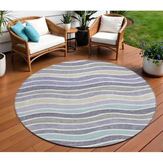 8' Lavender Tan And Ivory Round Striped Washable Indoor Outdoor Area Rug Photo 1