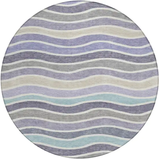8' Lavender Tan And Ivory Round Striped Washable Indoor Outdoor Area Rug Photo 2