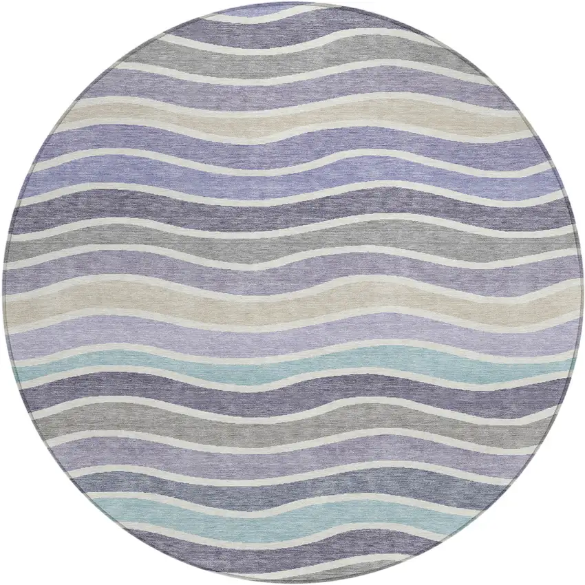 8' Lavender Tan And Ivory Round Striped Washable Indoor Outdoor Area Rug Photo 2