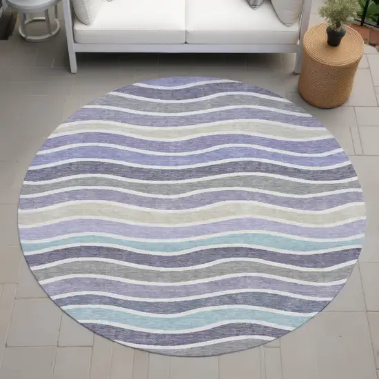 8' Lavender Tan And Ivory Round Striped Washable Indoor Outdoor Area Rug Photo 8