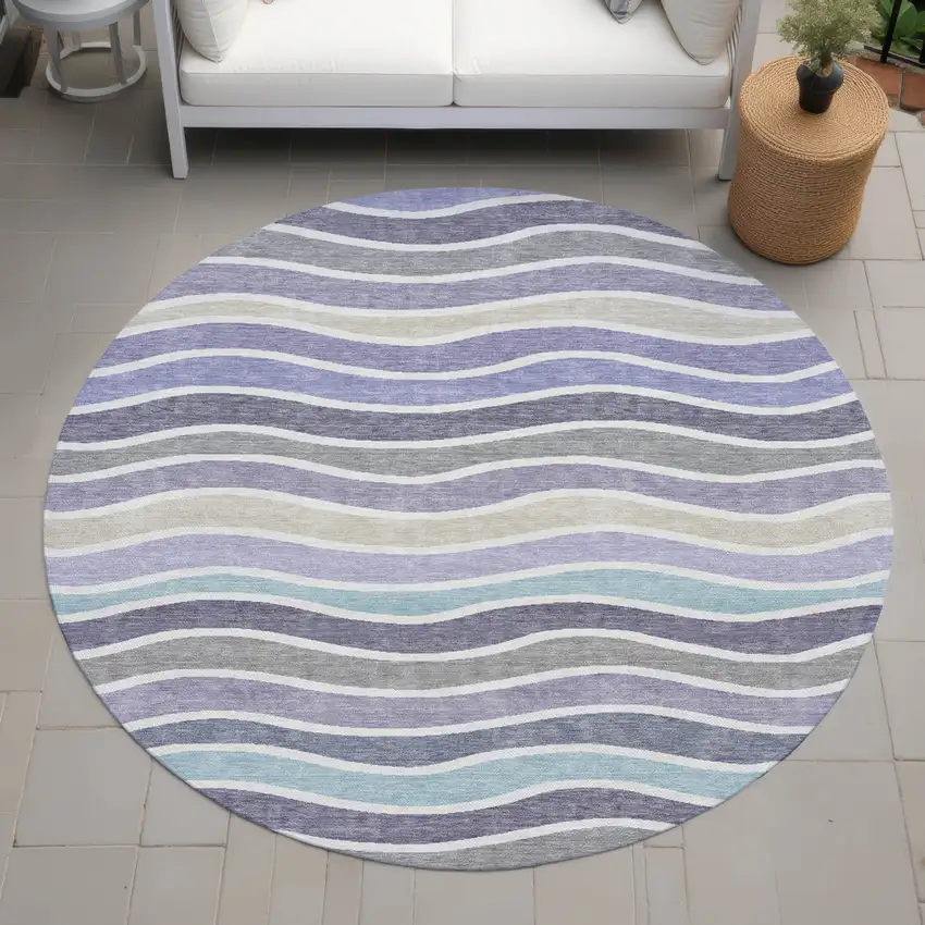 8' Lavender Tan And Ivory Round Striped Washable Indoor Outdoor Area Rug Photo 8