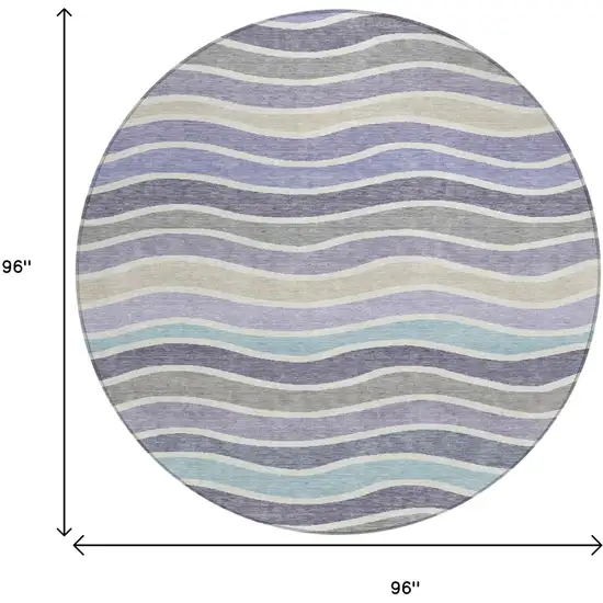 8' Lavender Tan And Ivory Round Striped Washable Indoor Outdoor Area Rug Photo 3