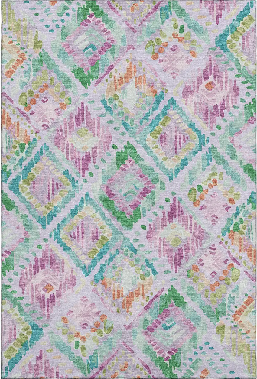 8' Lavender Teal And Orange Geometric Washable Area Rug With UV Protection Photo 1