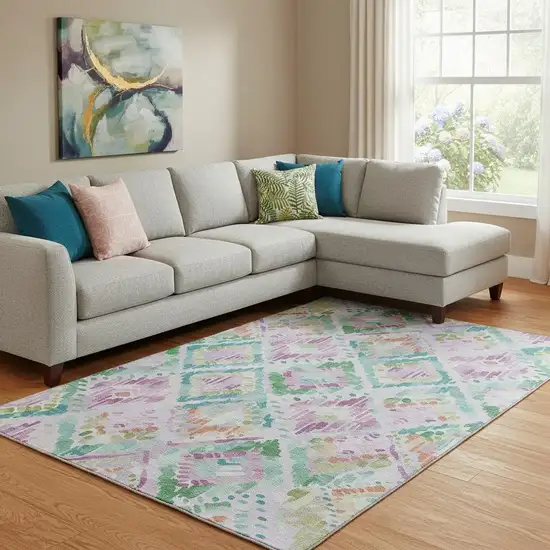 8' Lavender Teal And Orange Geometric Washable Area Rug With UV Protection Photo 2