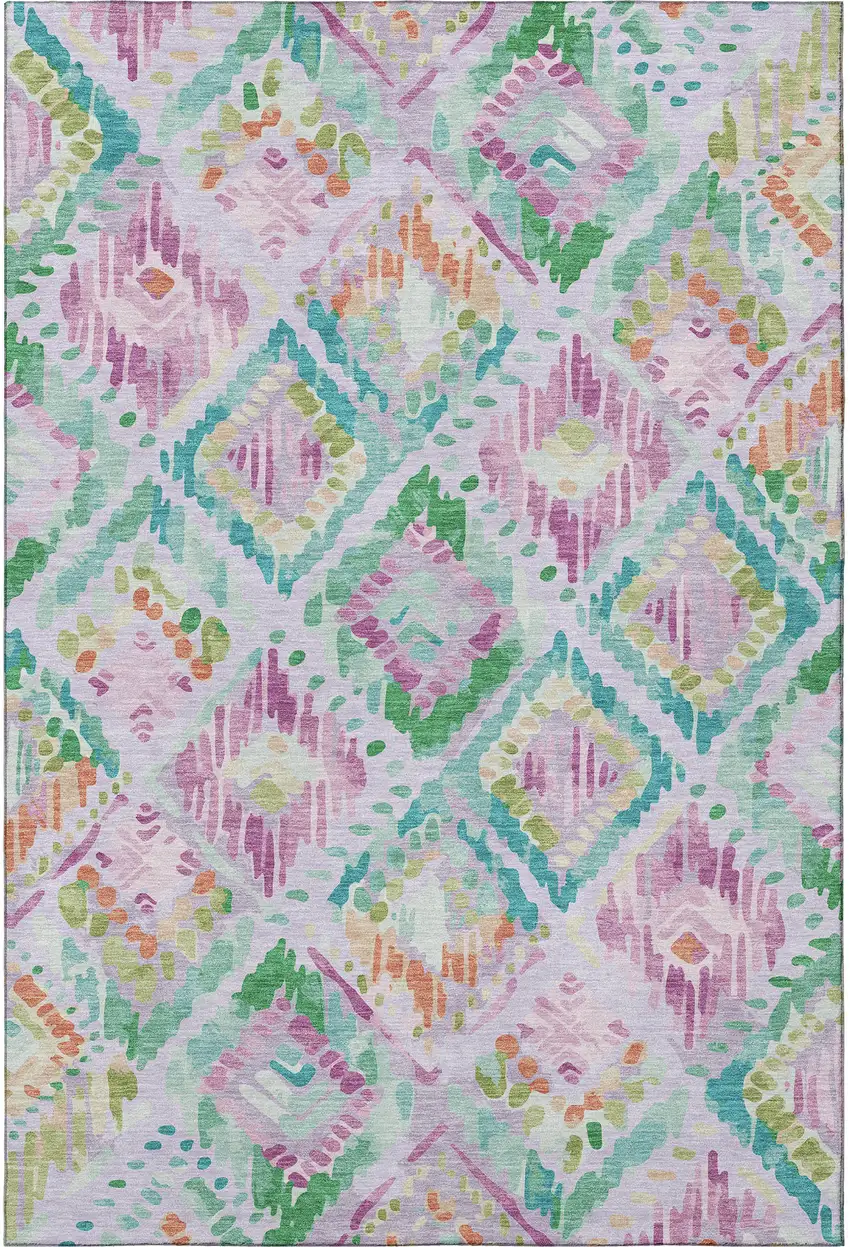 8' Lavender Teal And Orange Geometric Washable Area Rug With UV Protection Photo 3