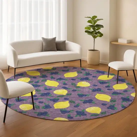 8' Lavender Yellow And Blue Round Lemons Washable Indoor Outdoor Area Rug Photo 9