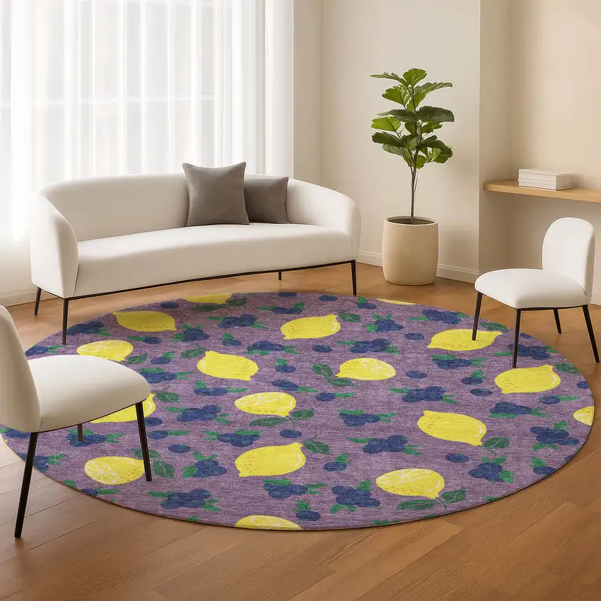 8' Lavender Yellow And Blue Round Lemons Washable Indoor Outdoor Area Rug Photo 9