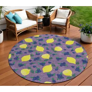 Photo of 8' Lavender Yellow And Blue Round Lemons Washable Indoor Outdoor Area Rug