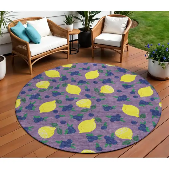 8' Lavender Yellow And Blue Round Lemons Washable Indoor Outdoor Area Rug Photo 1