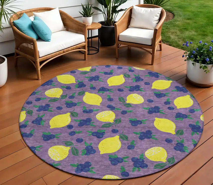 8' Lavender Yellow And Blue Round Lemons Washable Indoor Outdoor Area Rug Photo 1