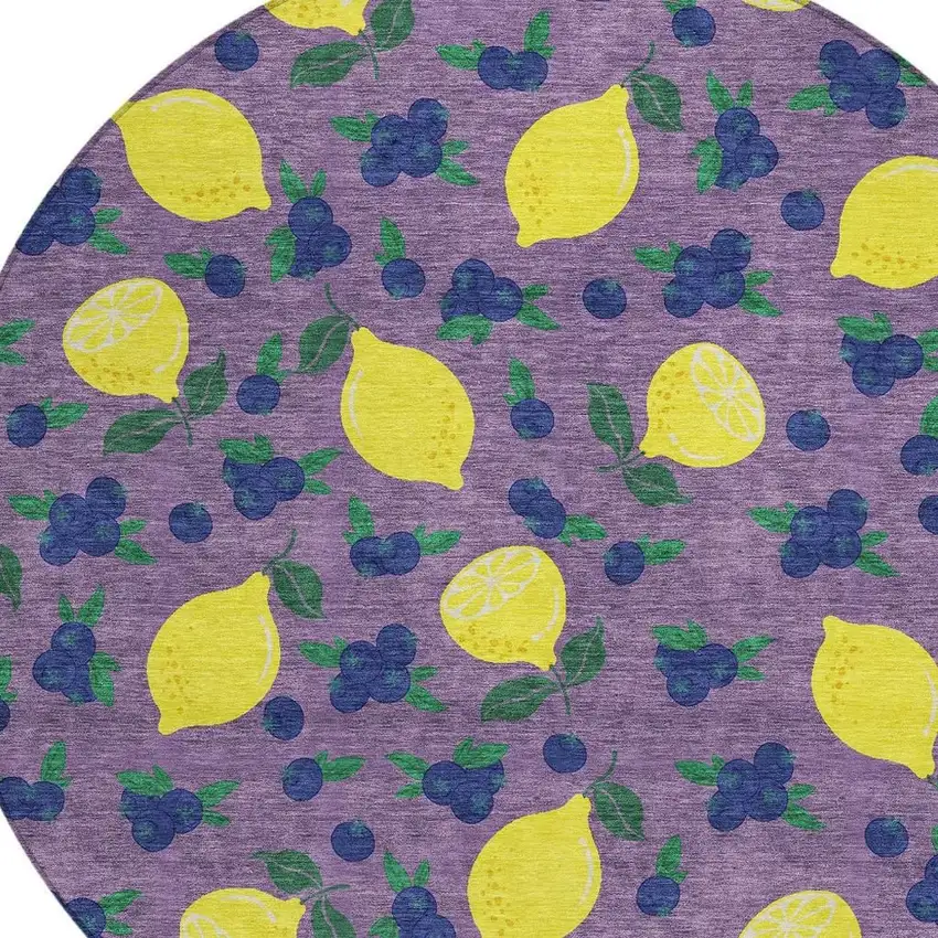 8' Lavender Yellow And Blue Round Lemons Washable Indoor Outdoor Area Rug Photo 7