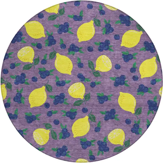 8' Lavender Yellow And Blue Round Lemons Washable Indoor Outdoor Area Rug Photo 2