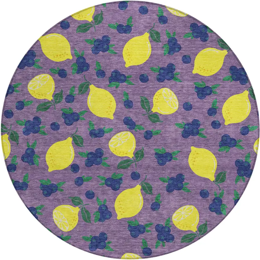 8' Lavender Yellow And Blue Round Lemons Washable Indoor Outdoor Area Rug Photo 2