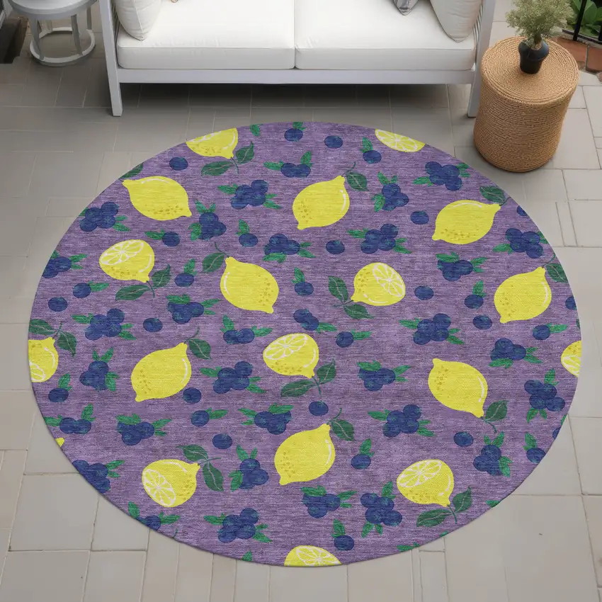 8' Lavender Yellow And Blue Round Lemons Washable Indoor Outdoor Area Rug Photo 9