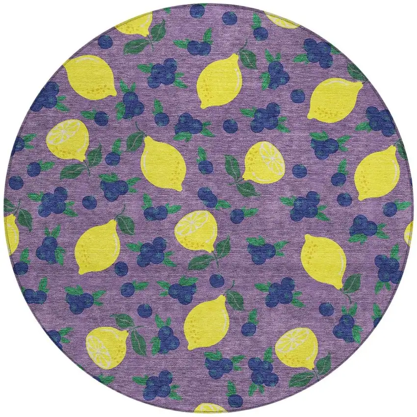 8' Lavender Yellow And Blue Round Lemons Washable Indoor Outdoor Area Rug Photo 4