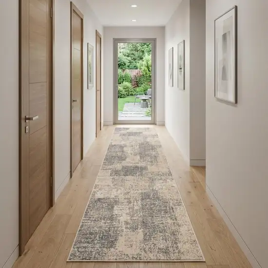 10' Gray And Sand Abstract Runner Rug Photo 1