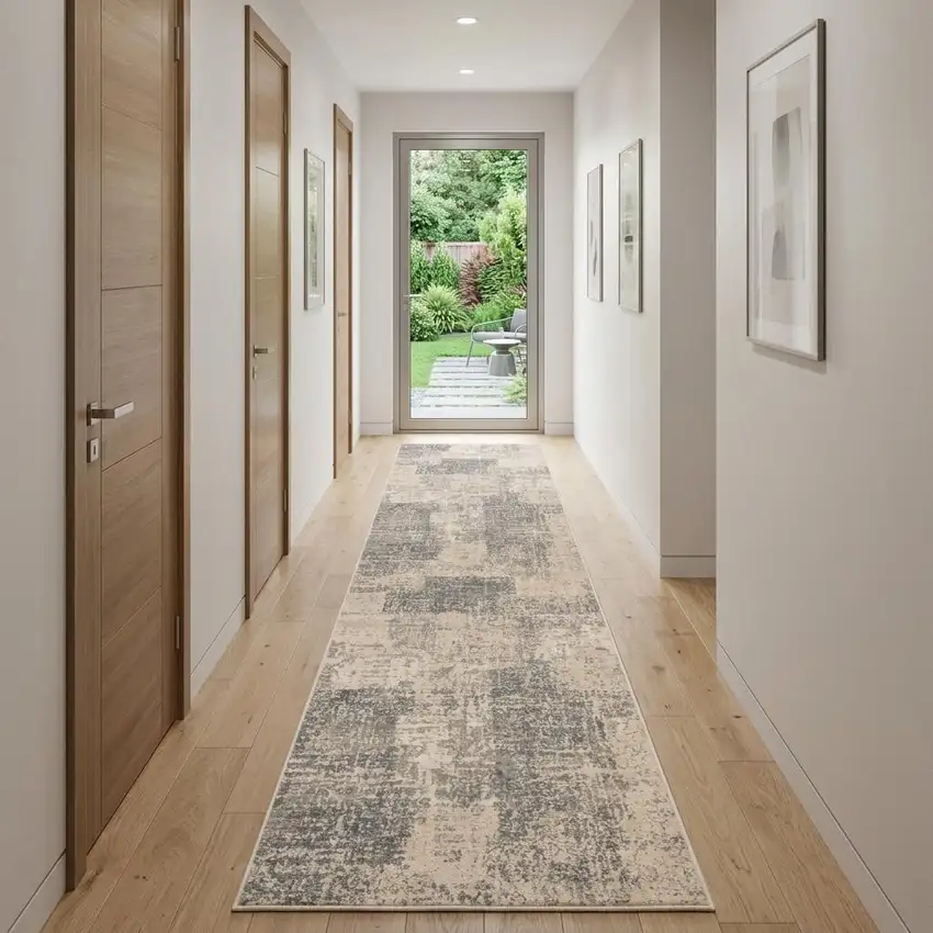 10' Gray And Sand Abstract Runner Rug Photo 1