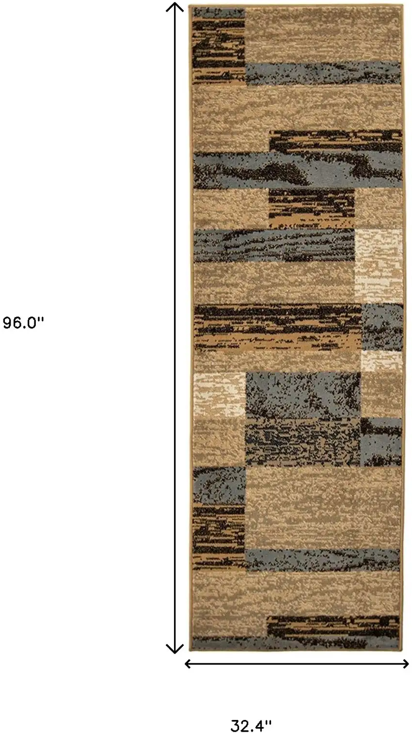8' Light Blue And Beige Patchwork Power Loom Stain Resistant Runner Rug Photo 8