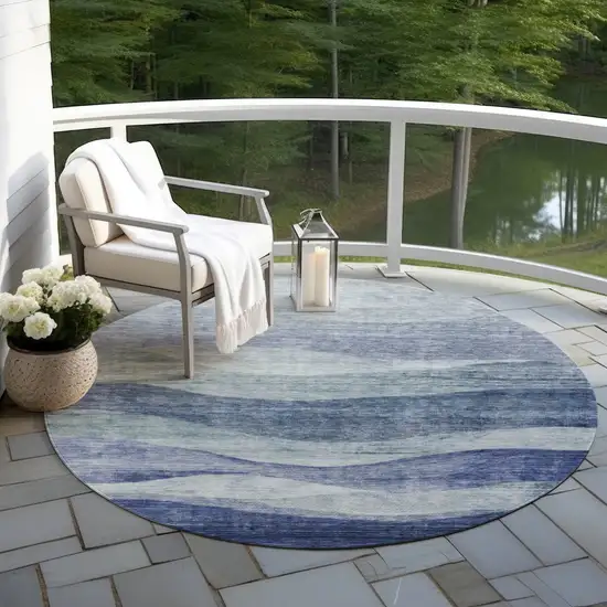 8' Light Blue And Dark Blue Round Abstract Washable Indoor Outdoor Area Rug Photo 6