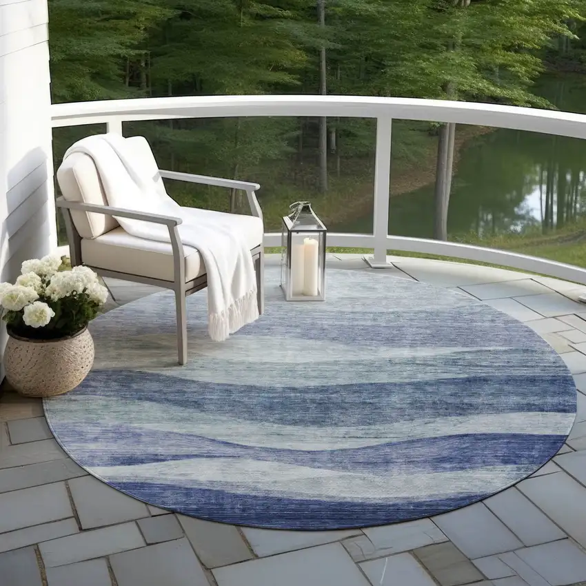 8' Light Blue And Dark Blue Round Abstract Washable Indoor Outdoor Area Rug Photo 6