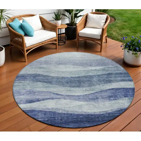 8' Light Blue And Dark Blue Round Abstract Washable Indoor Outdoor Area Rug Photo 1