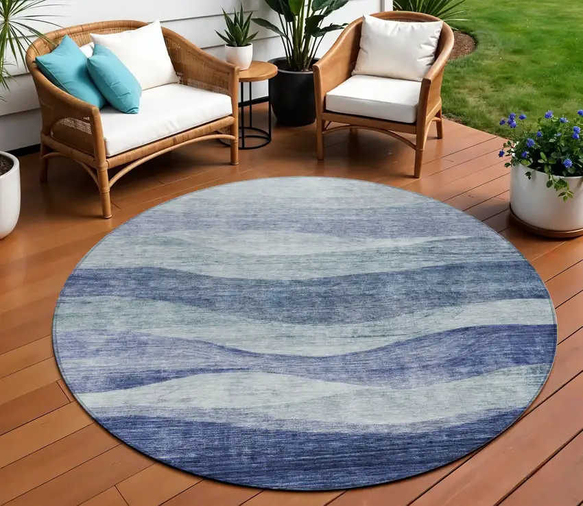 8' Light Blue And Dark Blue Round Abstract Washable Indoor Outdoor Area Rug Photo 1