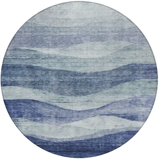 8' Light Blue And Dark Blue Round Abstract Washable Indoor Outdoor Area Rug Photo 5
