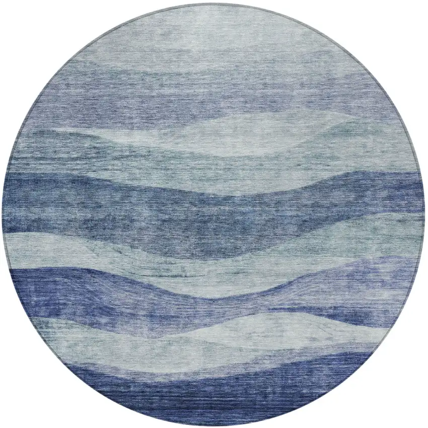 8' Light Blue And Dark Blue Round Abstract Washable Indoor Outdoor Area Rug Photo 5