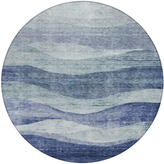 8' Light Blue And Dark Blue Round Abstract Washable Indoor Outdoor Area Rug Photo 2