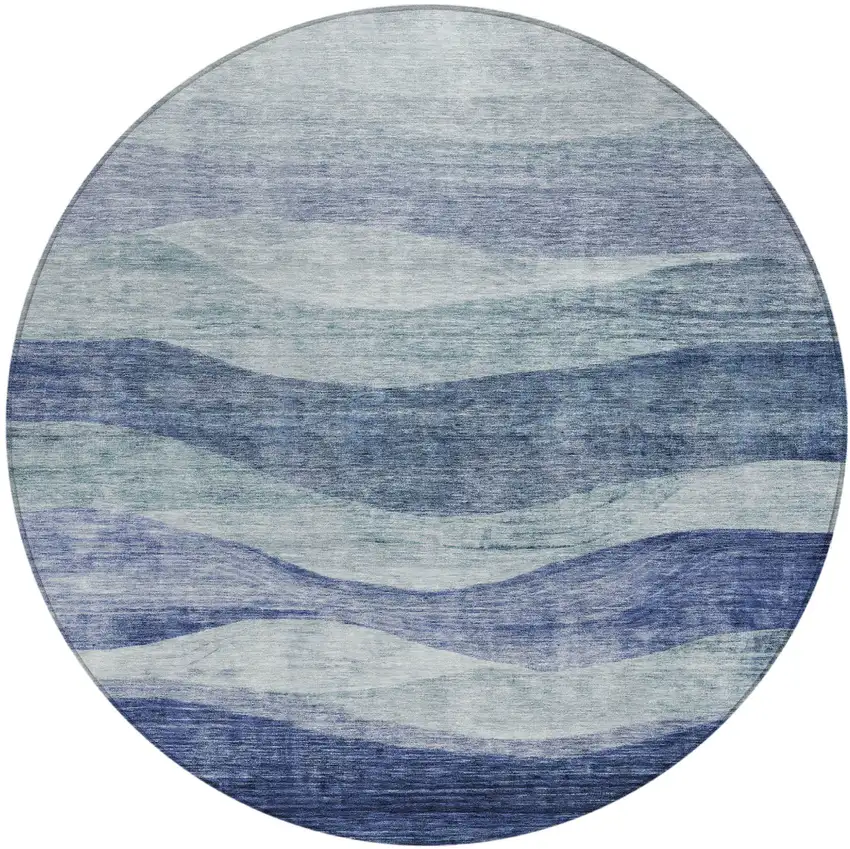 8' Light Blue And Dark Blue Round Abstract Washable Indoor Outdoor Area Rug Photo 2