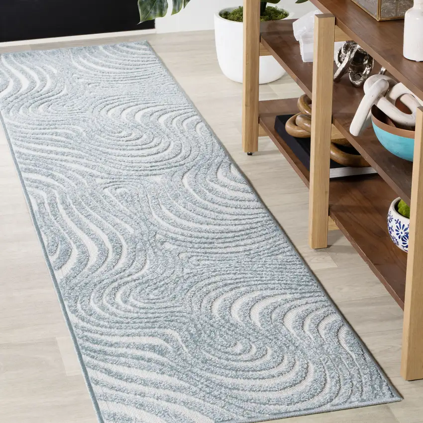 10' Light Blue And Ivory Abstract Indoor Outdoor Runner Rug Photo 4