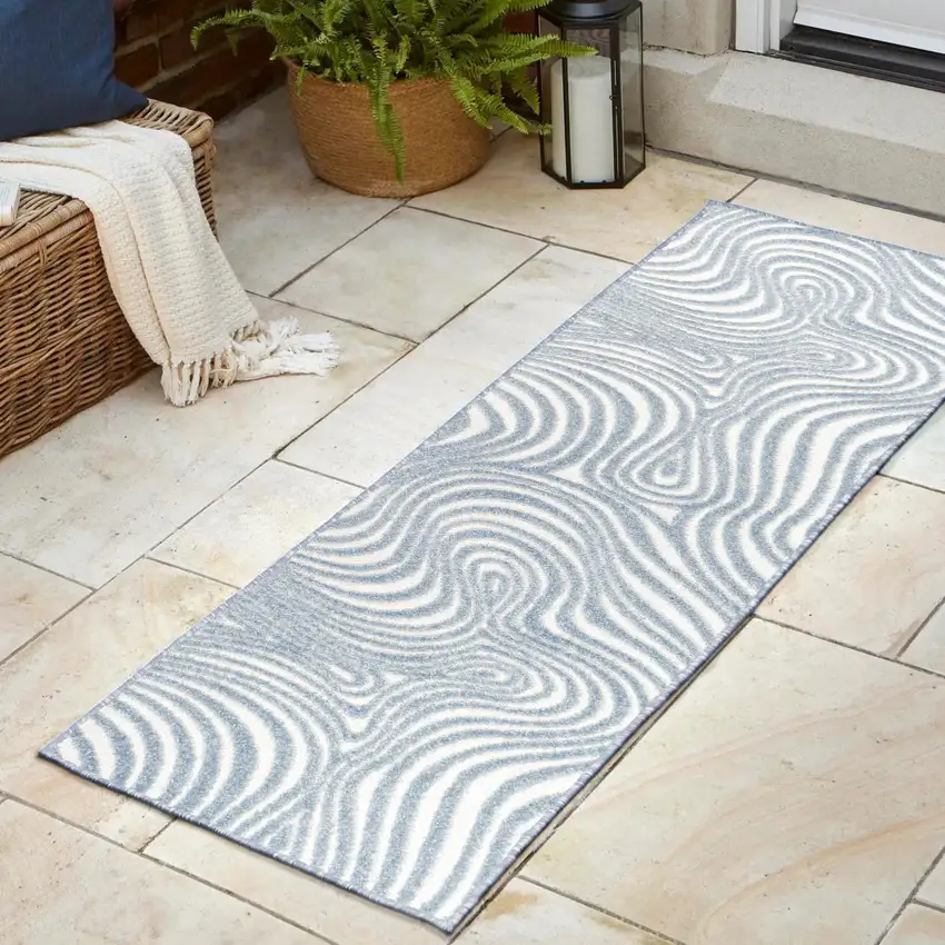 10' Light Blue And Ivory Abstract Indoor Outdoor Runner Rug Photo 5