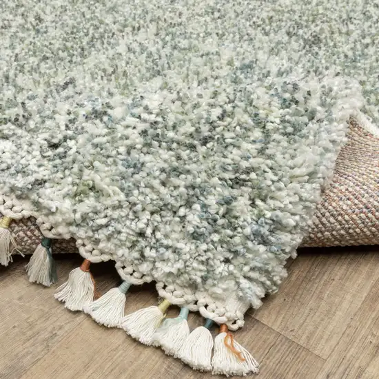 8' Light Blue And Ivory Abstract Shag Runner Rug With Fringe Photo 9