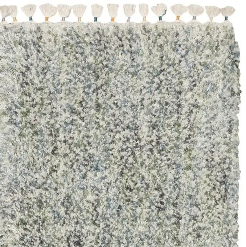 8' Light Blue And Ivory Abstract Shag Runner Rug With Fringe Photo 5