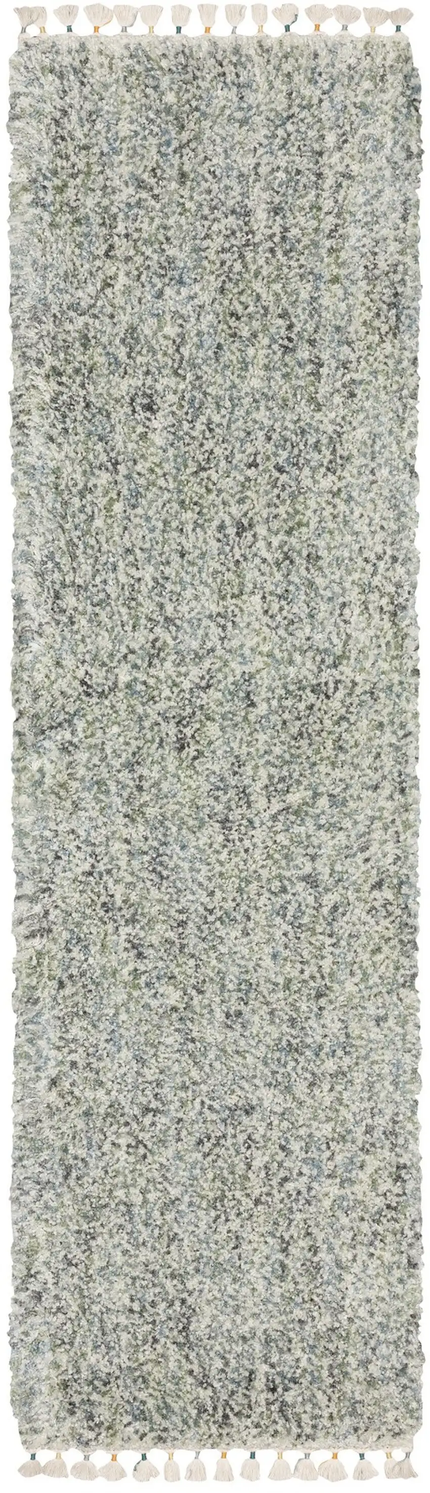 8' Light Blue And Ivory Abstract Shag Runner Rug With Fringe Photo 2