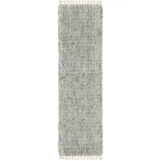 8' Light Blue And Ivory Abstract Shag Runner Rug With Fringe Photo 2