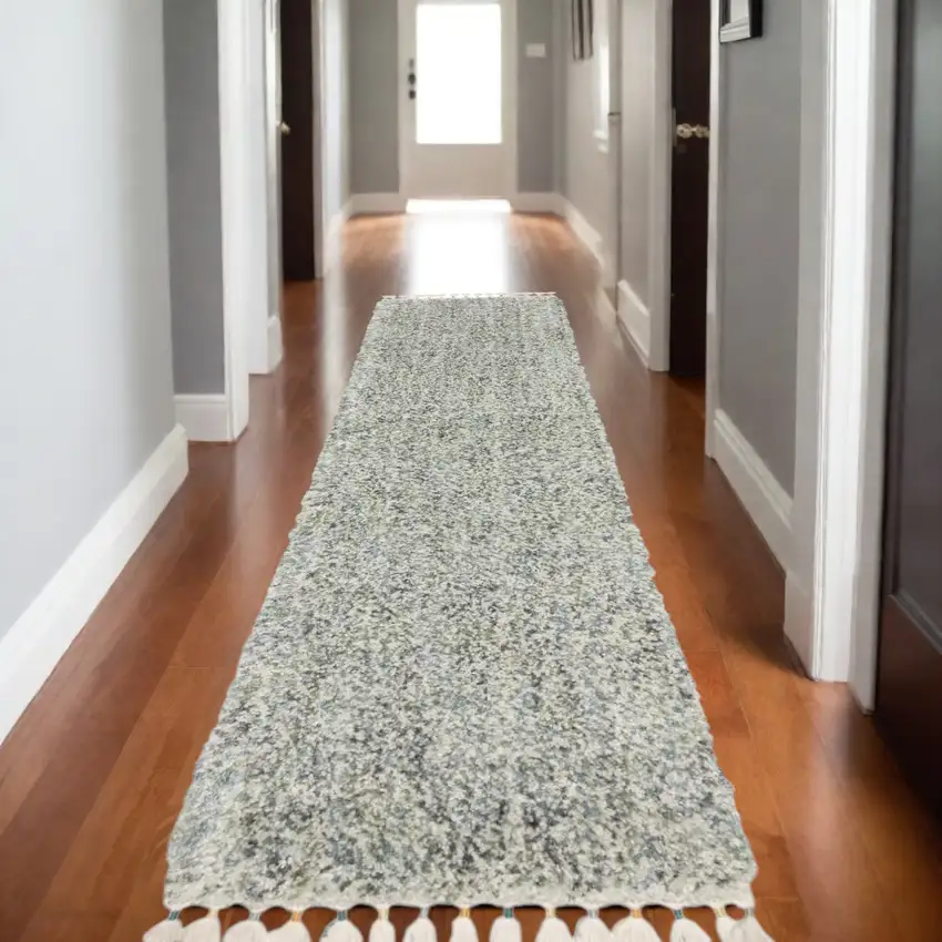 8' Light Blue And Ivory Abstract Shag Runner Rug With Fringe Photo 1