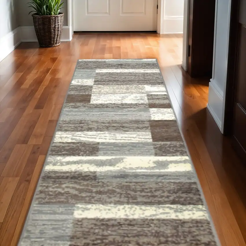 10' Blue And Ivory Patchwork Runner Rug Photo 1