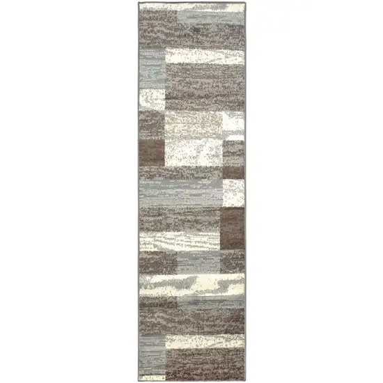 8' Light Blue And Ivory Patchwork Power Loom Stain Resistant Runner Rug Photo 1