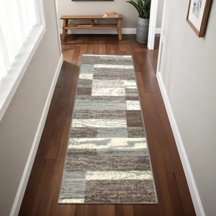 8' Blue And Ivory Patchwork Runner Rug Photo 1