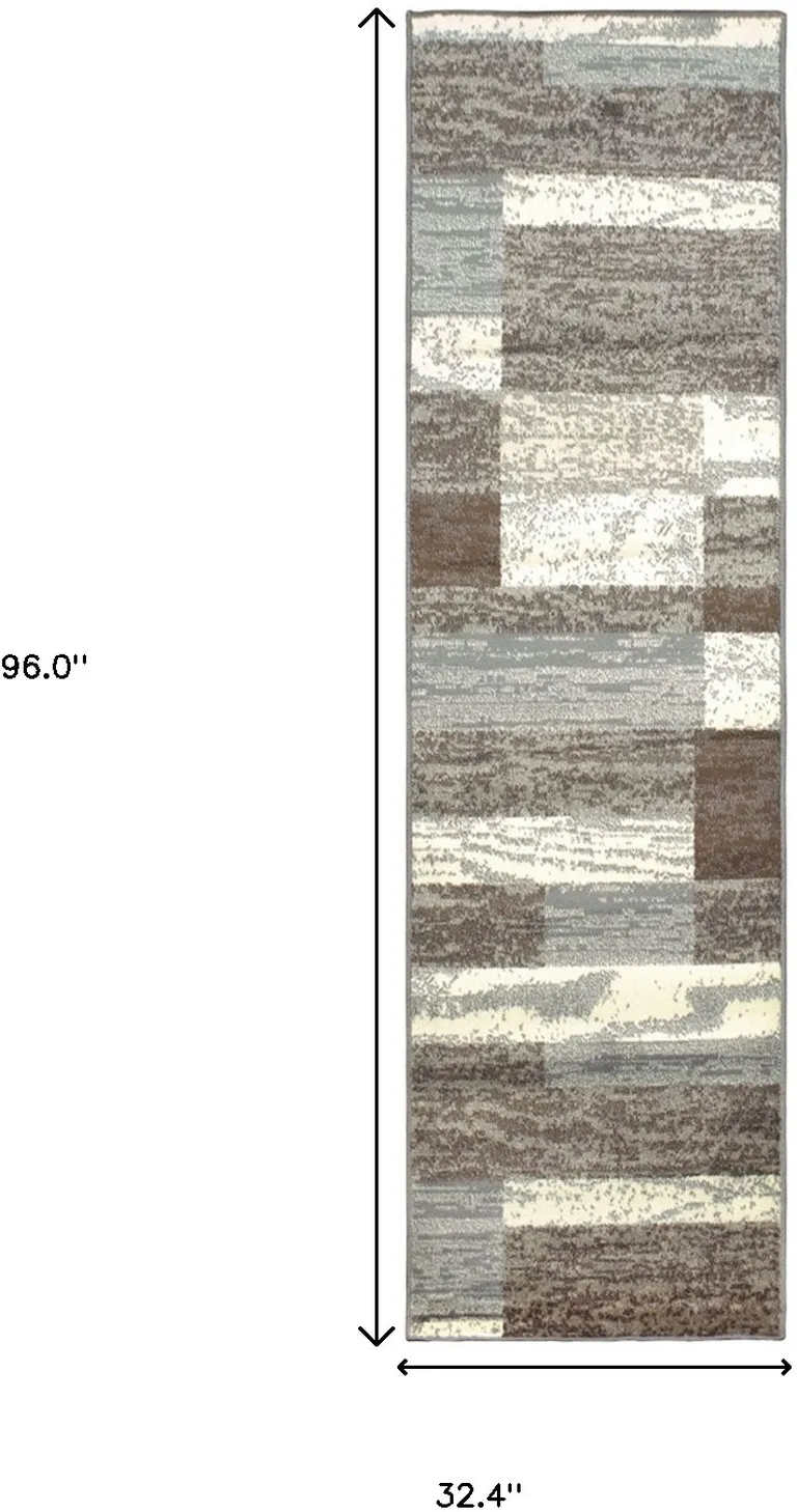 8' Light Blue And Ivory Patchwork Power Loom Stain Resistant Runner Rug Photo 5