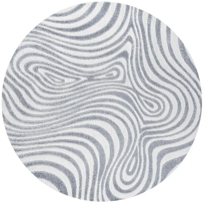 7' Light Blue And Ivory Round Abstract Indoor Outdoor Area Rug Photo 3